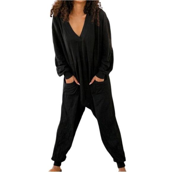 Natural Life Womens Johnnie Jumpsuit Size M Oversized Black Long Sleeve Bohemian - Picture 1 of 8